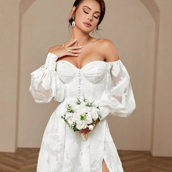 White Wedding Fishbone Single Shoulder Split Breasted Long Lantern Sleeve Dress - Picture 2 of 5